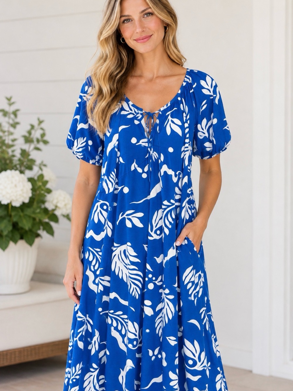 Blue & White Botanical Print Maxi Dress with Tie Neck